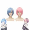 Anime Re:Zero Starting Life In Another World Rem And Ram Short Blue Pink Cosplay Wigs