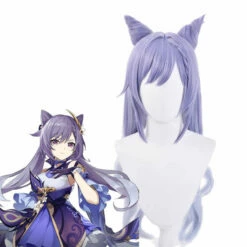 Game Genshin Impact Keqing Ponytails Mixed Purple Cosplay Wig With Ears