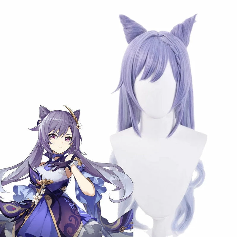Game Genshin Impact Keqing Ponytails Mixed Purple Cosplay Wig With Ears 3 Game Genshin Impact Keqing Ponytails Mixed Purple Cosplay Wig With Ears
