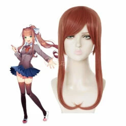 DDLC Monika Super Long Deep Pink Straight Synthetic Cosplay Wigs With Ponytail